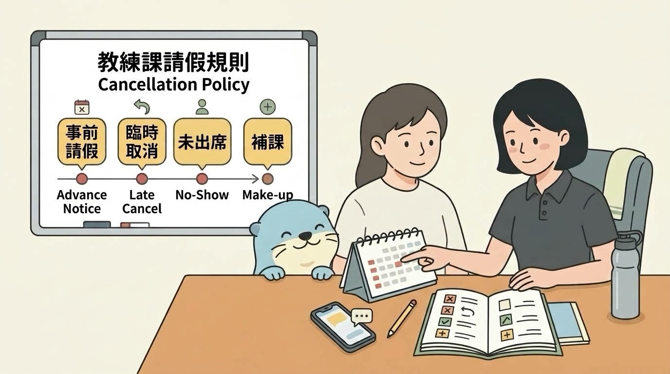 トレーナーと生徒がレッスンのスケジュールと予約記録を一緒に確認している様子です。画面にはキャンセル、日程変更、出席、振替のステータスが表示されていて、レッスンのキャンセルポリシーについて話し合う場面を表しています。