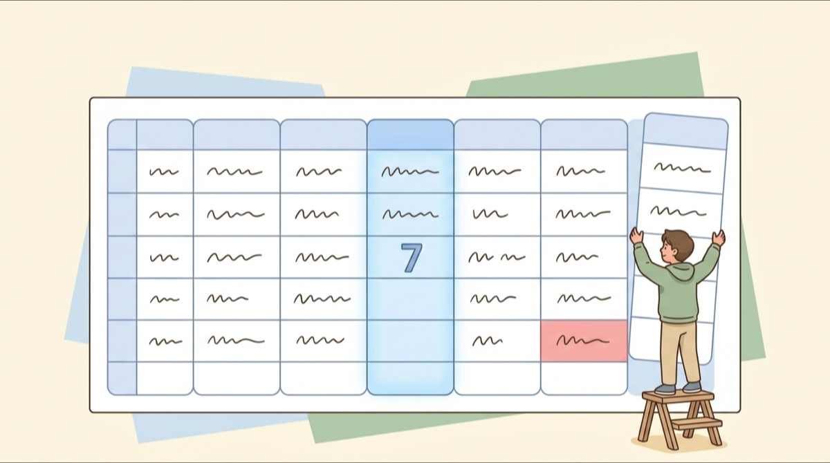 Lesson tracking spreadsheet cover illustration: a six-column sheet, the remaining column glowing as it calculates itself, one red expiry cell, and a person slotting the last column into place