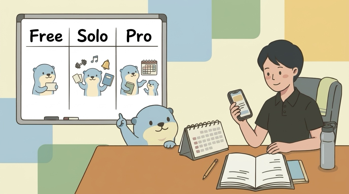 Course Kit cover illustration. A whiteboard compares the Free, Solo and Pro plans with otter doodles, while a coach at a desk checks a phone and the Course Kit otter points at the board.