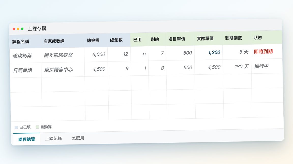 The course overview sheet, with columns for total amount, sessions, used, remaining, nominal and actual price per session, days to expiry and status
