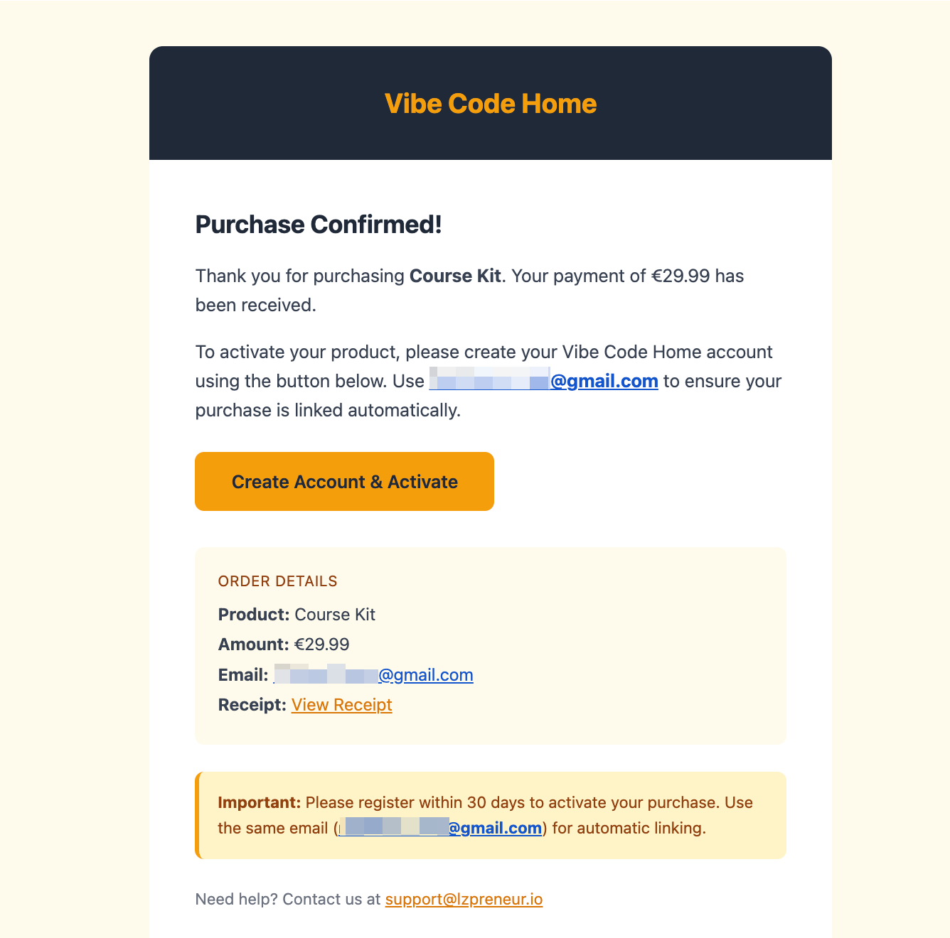 Purchase confirmation email from Vibe Code Home, with a create-account button and order details